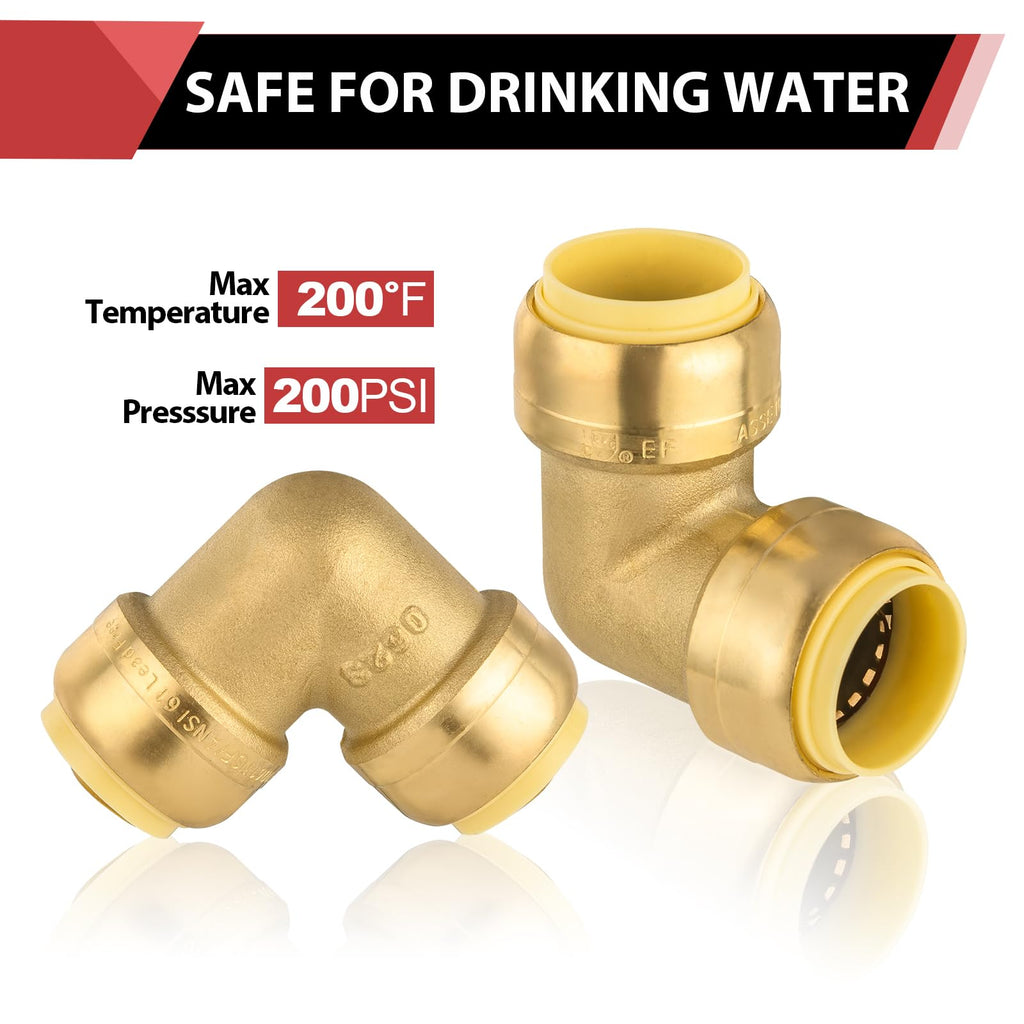 (Pack of 6) EFIELD 1/2-inch 90-Degree Elbow, Push-Fit Brass Fittings to Connect Copper, PEX, CPVC Pipe with 1/2" Disconnect Clip, UPC Certified,(PF-UNI008)