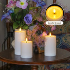 Yeelida Outdoor 4pcs Flameless Waterproof Candles with Handy Remote Control, Cycle Timer Battery Operated Candle Grease Effect LED Flickering Pillar Plastic Long Lasting (White, 3" x4" 5" 6" 7")