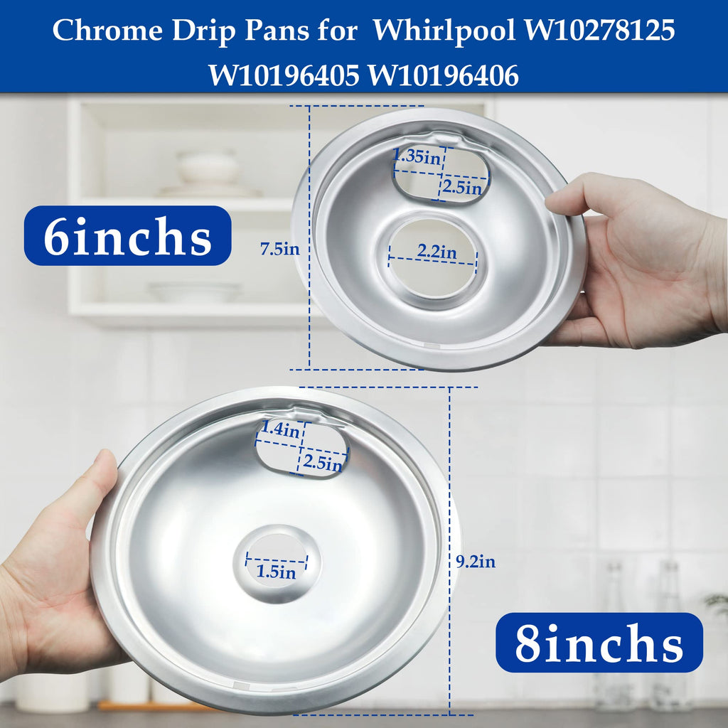 Mejiao 4 Pack (2) 6" & (2) 8" Electric Stove Burner Covers, Replacement Chrome Drip Pans for Whirlpool W10278125 W10196405 W10196406