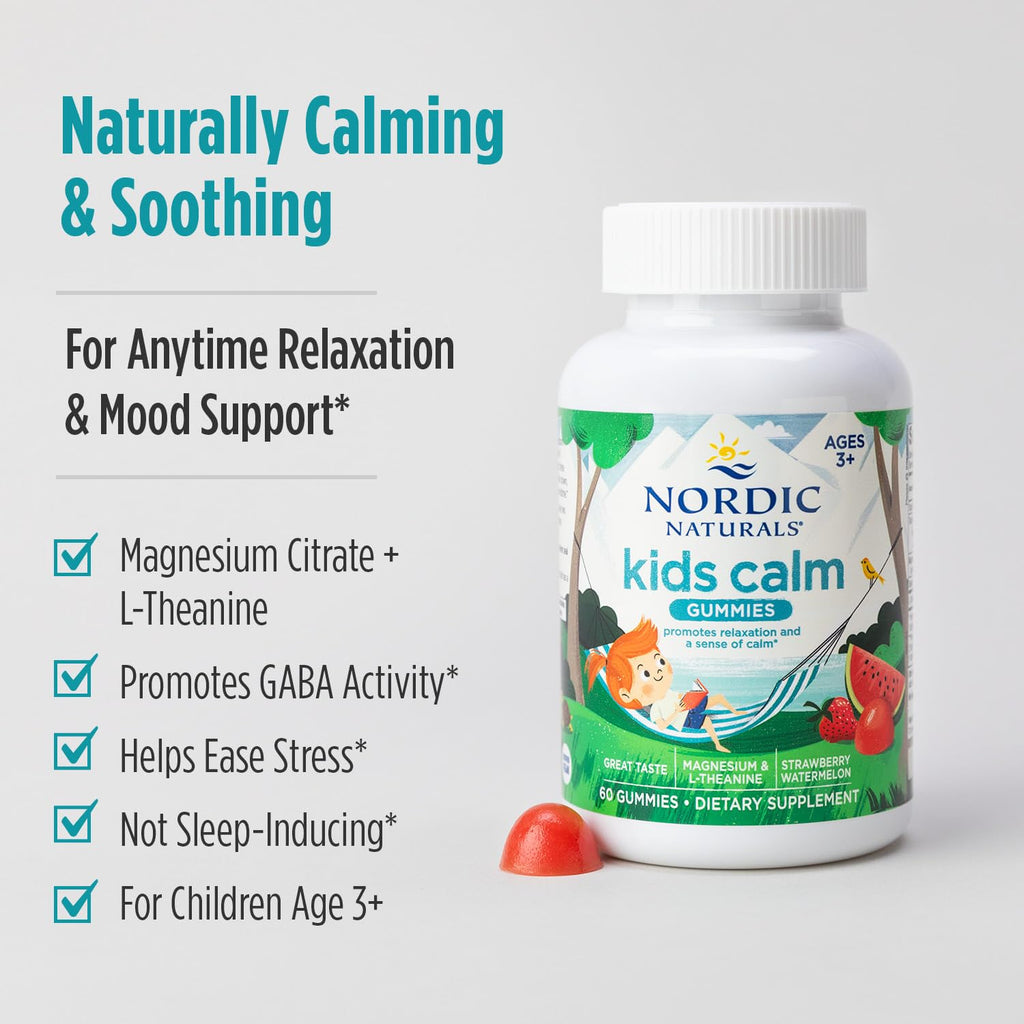 Nordic Naturals Kids Calm Gummies - Strawberry Watermelon - 60 Gummies - Magnesium L-Theanine Supplement - Calming for Kids - Relaxation Support - Up to 60 Servings