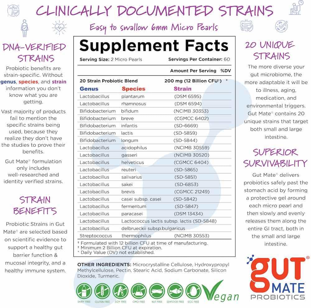 Gut Mate® Probiotics - Clinically documented Strains - 15x More Effective Than Standard Capsules- Patented BIO-Tract® Micro Pearls - Vegan, Vegetarian, Dairy-Free - Room Temp Stable