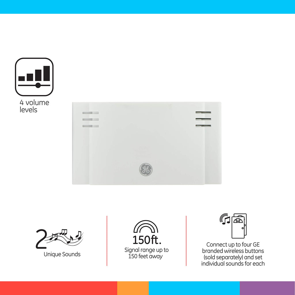 GE Wireless Doorbell Kit,Battery-Operated Receiver,1 Push Button door bell,2 Melodies,4 Volume Levels doorbell chime,classroom doorbell,150 Ft Range,Mountable,White,19247