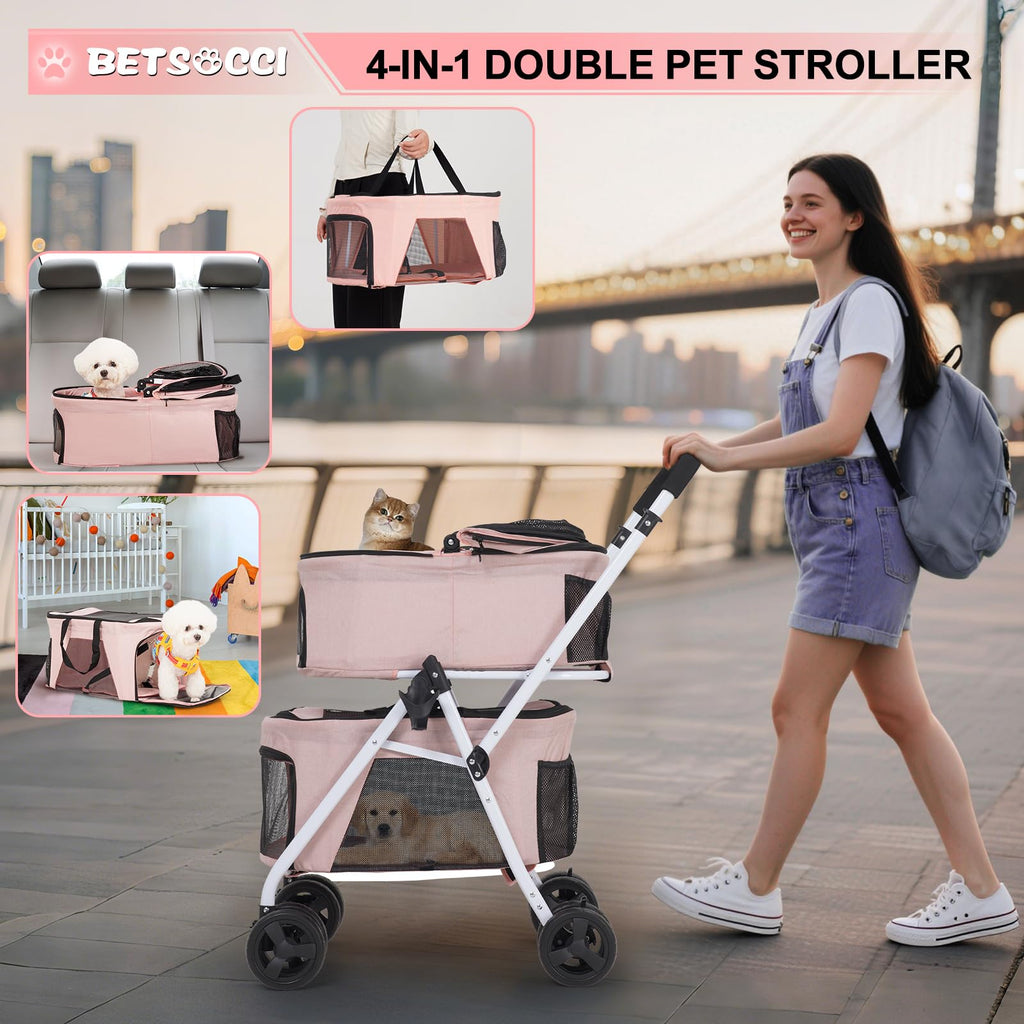 BETSOCCI Double Dog Stroller with 2 Detachable Carrier, Portable Pet Stroller for Small Dogs & Cats Folding Lightweight Puppy Travel Carriage, 4 Wheels, Pink