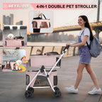 BETSOCCI Double Dog Stroller with 2 Detachable Carrier, Portable Pet Stroller for Small Dogs & Cats Folding Lightweight Puppy Travel Carriage, 4 Wheels, Pink