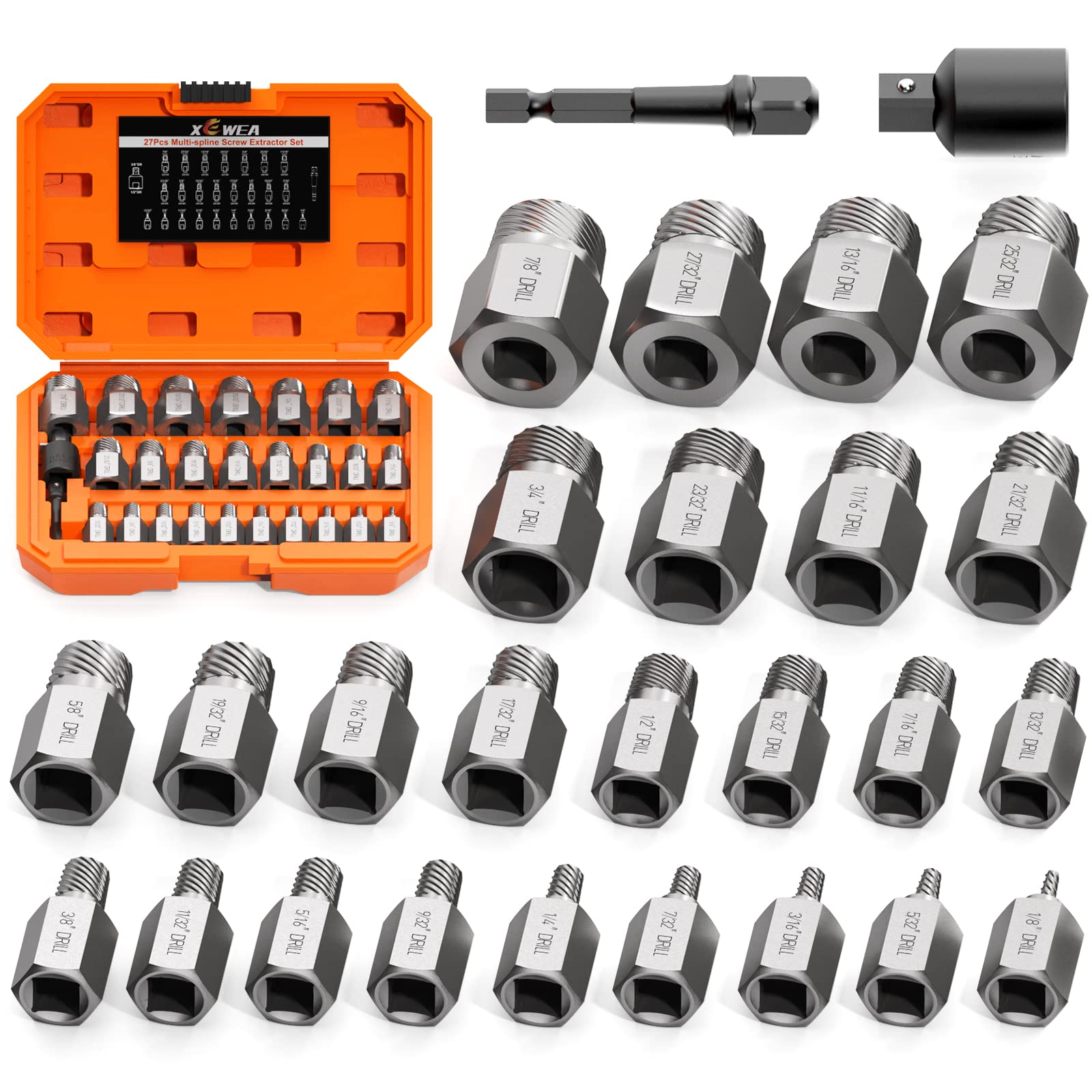 XEWEA Upgrade Screw Extractor Set, 27 PCS 3/8" Inch Drive Easy Out Bolt Extractor Set, Multi-Spline, for Removing Broken Studs, Bolts, Screws - More Convenient