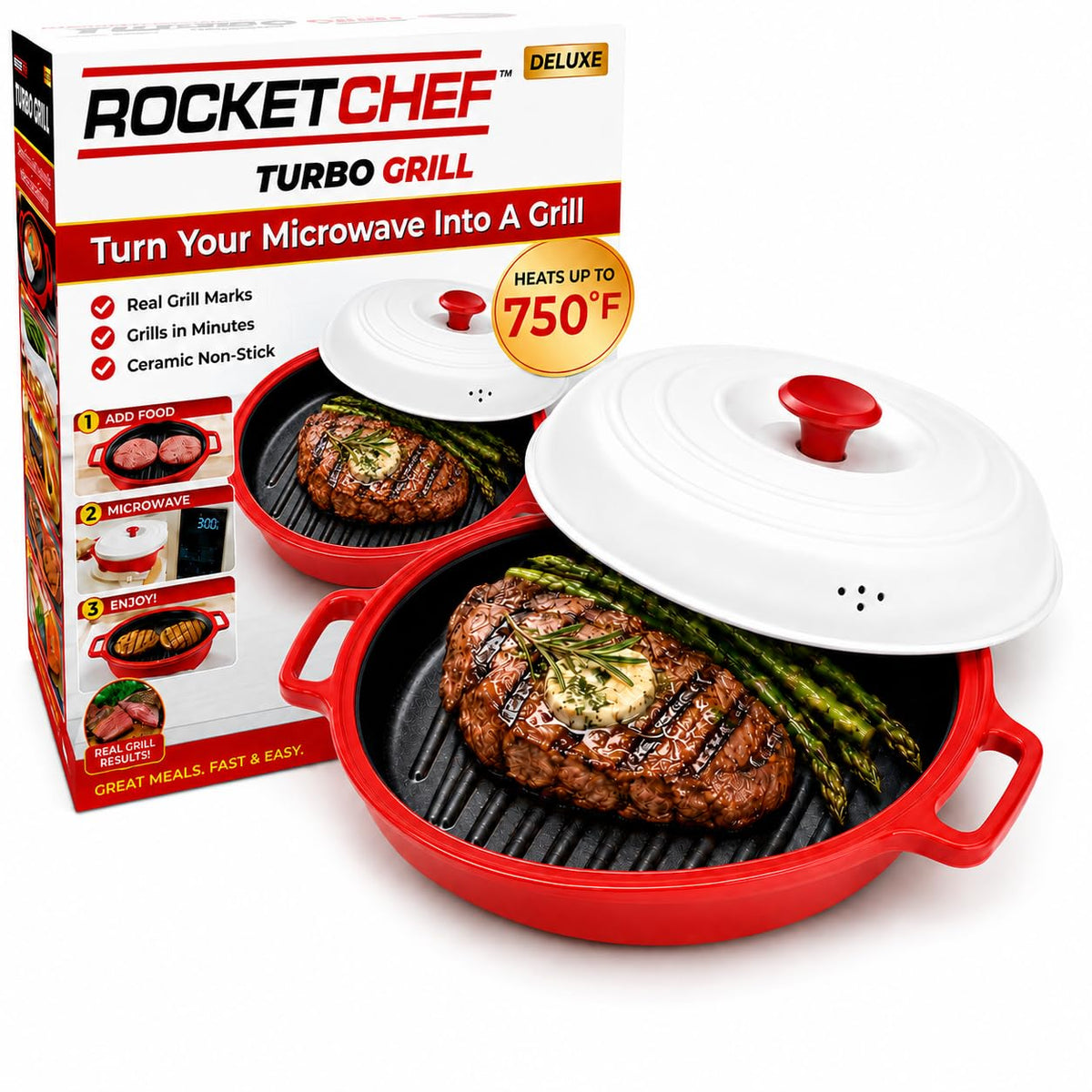 Rocket Chef Turbo Grill Deluxe Microwave Grill Pan, Vented Lid, Red