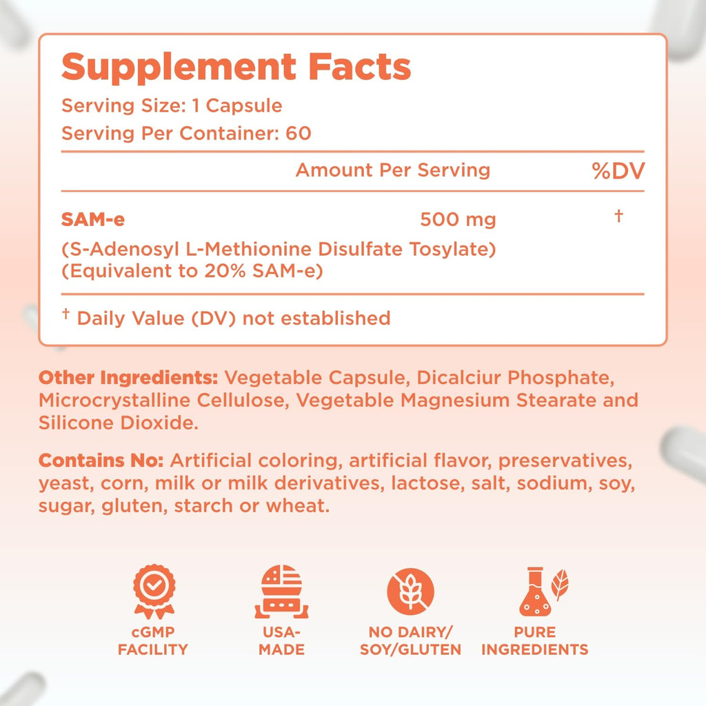 Clear Formulas Bioactive SAM-e 500mg - High Strength SAM-e Supplement with Biologically Active S,S Form for Liver and Mood Support - Vegan Non-GMO Preservative Free - Made in the US (60 Servings)