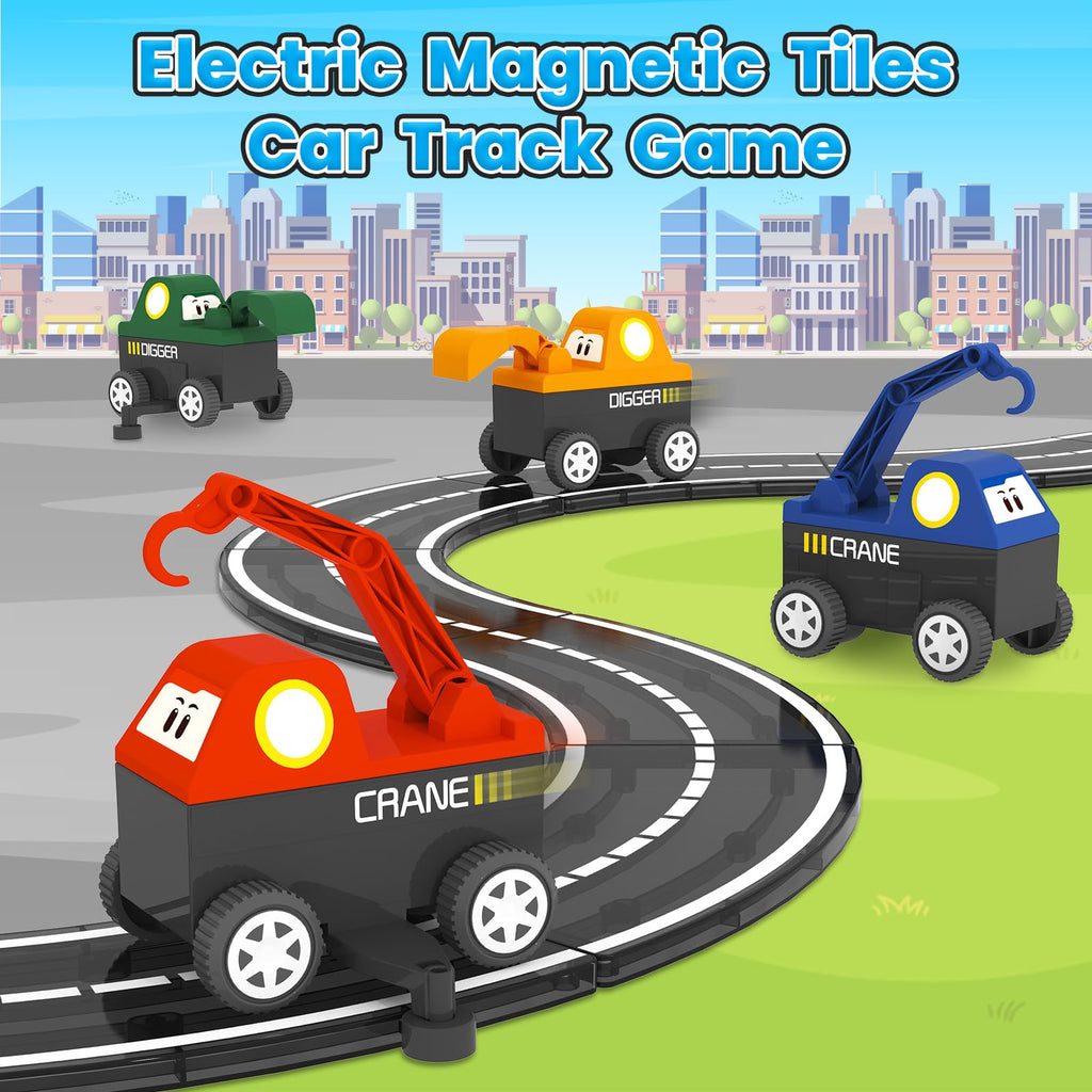 ORZbb Magnetic Tiles Truck Toddler Toys 3 4 5 Year Old Boys Girls, Magnetic Blocks Electric Engineering Vehicle - 2 Car Bases and 4 Car Bodies. Compatible with Traversable on Magnet Roads.