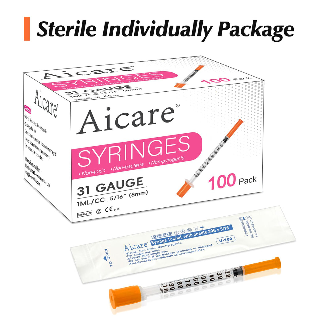 100 Pack 1 ml/cc 31 G 5/16 Inch Syringe, Individually Packed