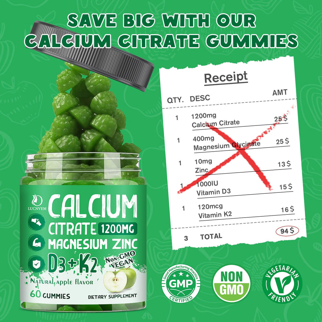 Calcium Citrate 1200 mg with Vitamin D3 Gummies, Calcium Citrate Magnesium Zinc with Vitamin D3 Supplement for Women & Men Bone & Teeth Support, Natural Apple Flavor - 30 Day Vegan Supply