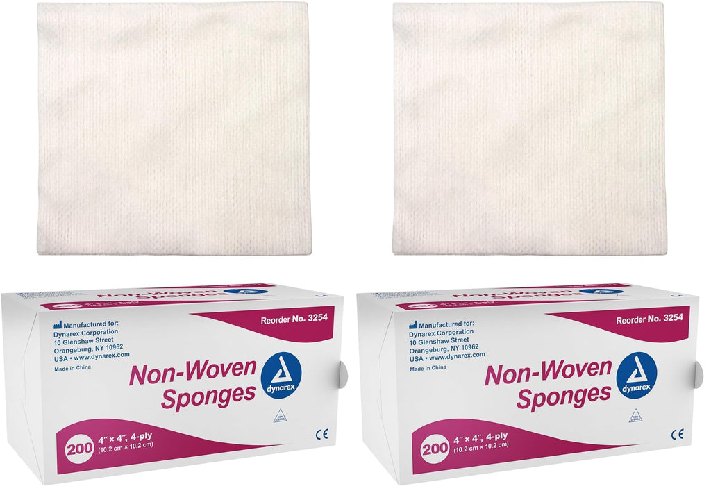 Dynarex Non-Woven Sponges, 4"x4", 200 Count, 2 Pack | 4 Ply | Non-Sterile | Highly-Absorbent | Less Linting