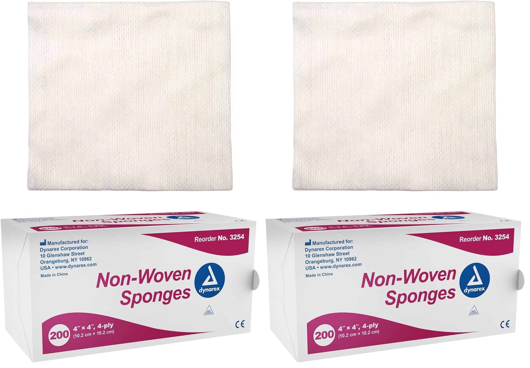 Dynarex Non-Woven Sponges, 4"x4", 200 Count, 2 Pack | 4 Ply | Non-Sterile | Highly-Absorbent | Less Linting