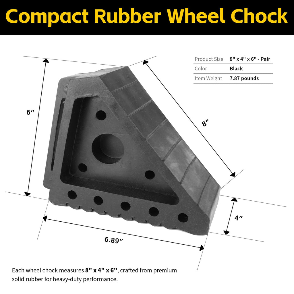 MaxxHaul Solid Rubber Wheel Chock 2-Pack | 8" x 4" x 6" Heavy-Duty Tire Stop | Non-Slip Traction Pads | Built-in Handle | All-Weather Vehicle Safety Block | Black | (70472)