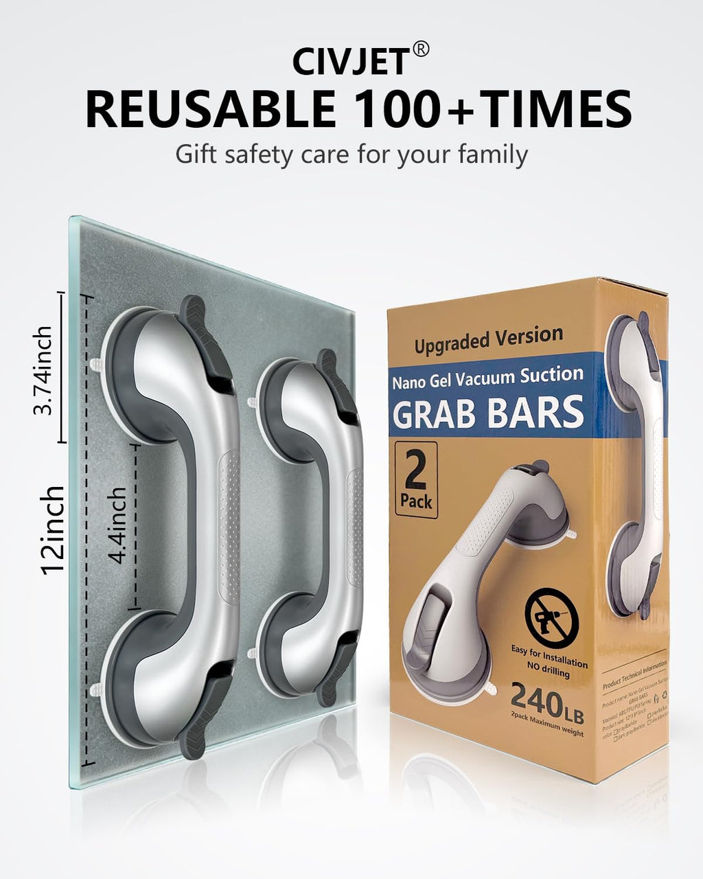 Shower Handles for Elderly Suction 2 Pack Grab Bars for Bathtubs and Showers, bar Safety 500 lbs Walls Handicap Heavy Duty Holder Hooks to Lift Large Tile Glass Suction Cups Tool Chair