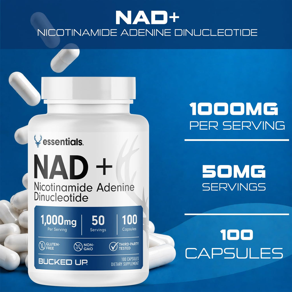 Bucked Up NAD+ 1000mg | Nicotinamide Adenine Dinucleotide | Non-GMO, Gluten-Free, Third-Party Lab Tested | Cellular Coenzyme Supplement (100 Capsules, 50 Servings)