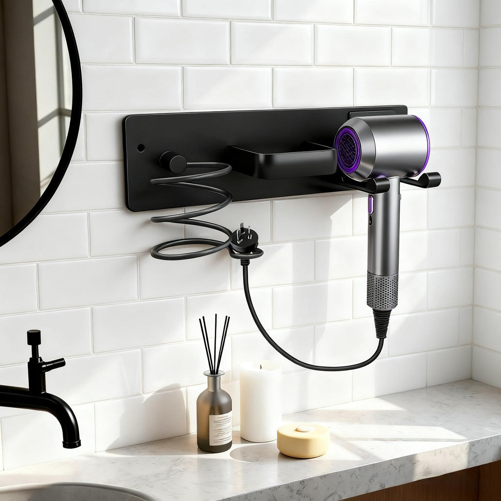 Dovyn Blow Dryer Holder Wall Mount, 3 in 1 Bathroom Hair Tool Organizer with Curling Iron Holder & Flat Iron Holder, Universal Hair Dryer Holder Rack Storage Matte Black