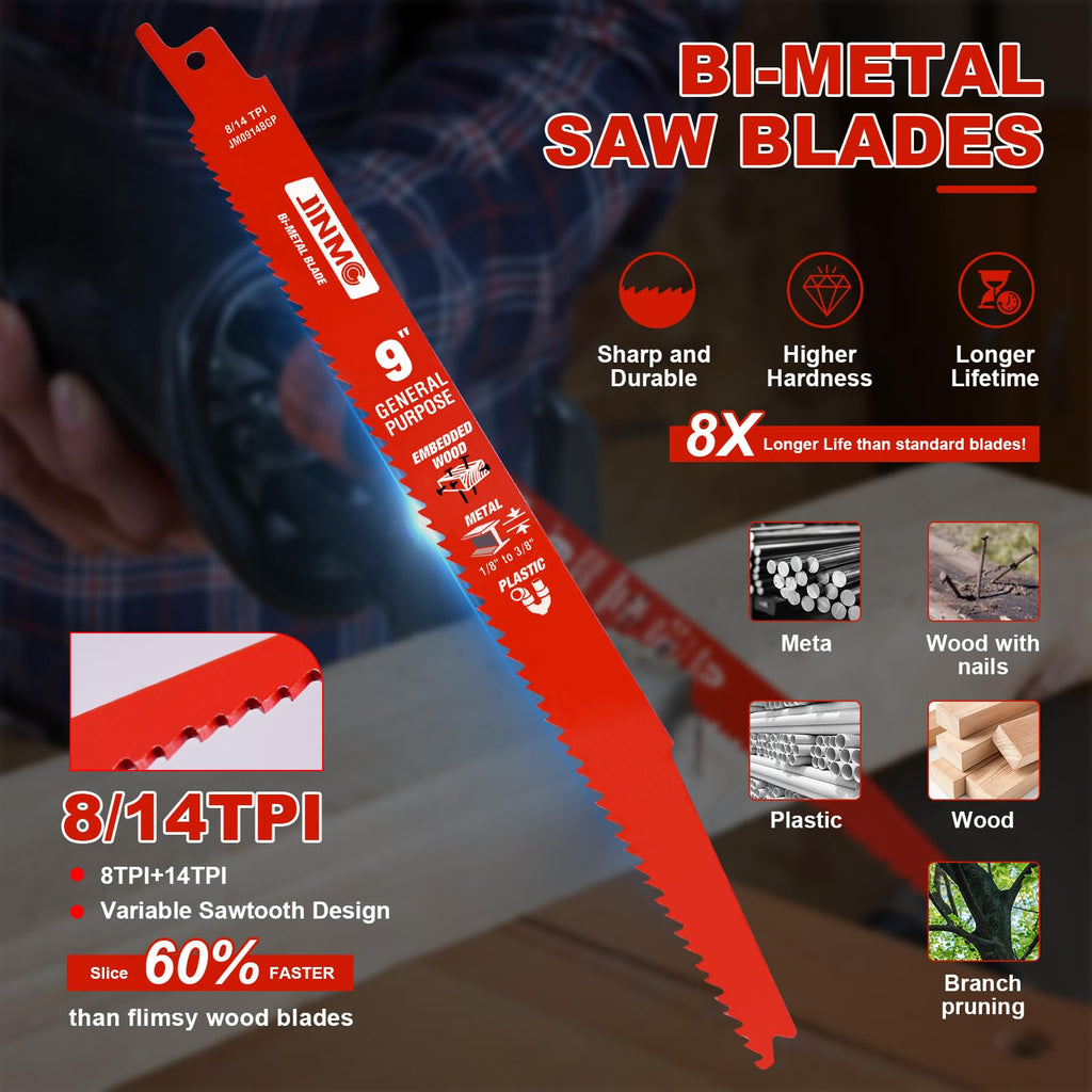 50 Pack 9 Inch 8/14TPI Reciprocating Saw Blades for Wood and Nail-Embedded Wood Demolition, Metal Cutting for 1/8-3/8 Medium Metals and PVC Pallets etc.- Compatible with Diablo Bi-Metal Blades