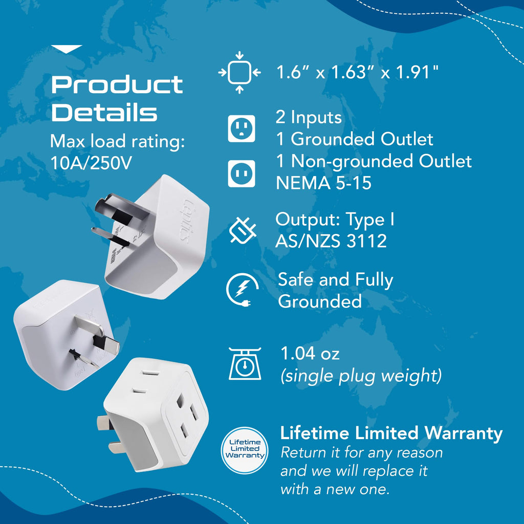 Ceptics Australia Power Plug Adapter, 2 in 1 Type I Plug Adapter, US to Australia , China, New Zealand Power Adapter with Dual USA Inputs, CE, RoHS - 3 Pack