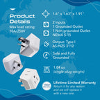Ceptics Australia Power Plug Adapter, 2 in 1 Type I Plug Adapter, US to Australia , China, New Zealand Power Adapter with Dual USA Inputs, CE, RoHS - 3 Pack