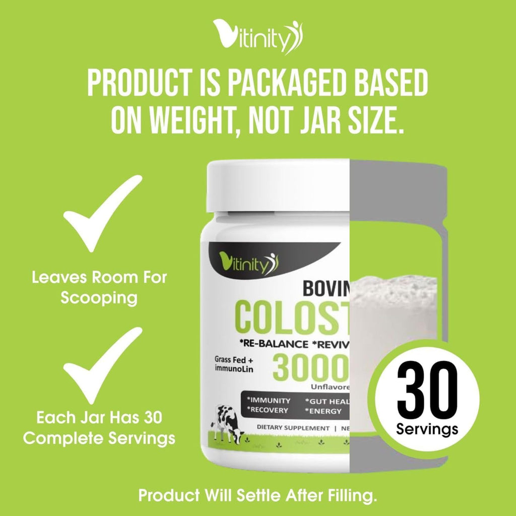 VITINITY Grass Fed Bovine Colostrum Powder for Humans 3000 mg - Natural IgG Colostrum Supplement Gut Health, Immune Support, Muscle Recovery, Wellness | Pure Colostrum Superfood,Unflavored 2 Pack