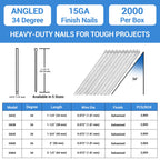 meite 15 Gauge Angled Finish Nails, 1-1/4-Inch 34 Degree Galvanized Finishing Nails for Nailer Guns - Perfect for Window Trim, Cabinet Building and Other DIY Projects (2,000 Counts)