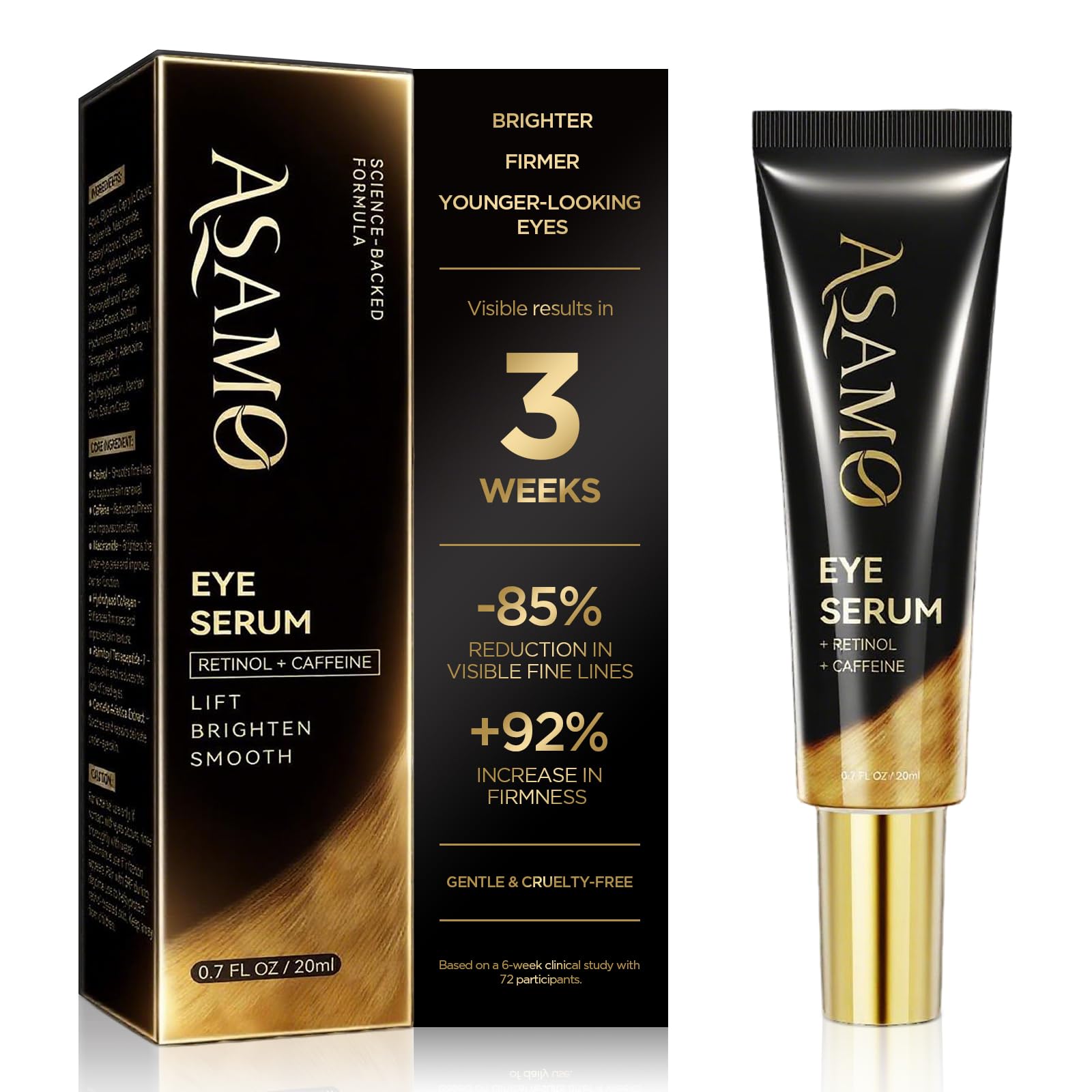 ASAMO Retinol & Vegan Collagen Eye Serum - Rapid Reduction Serum for Bags, Dark Circles and Wrinkles - Firming & Energizing Eye Treatment - 20ml