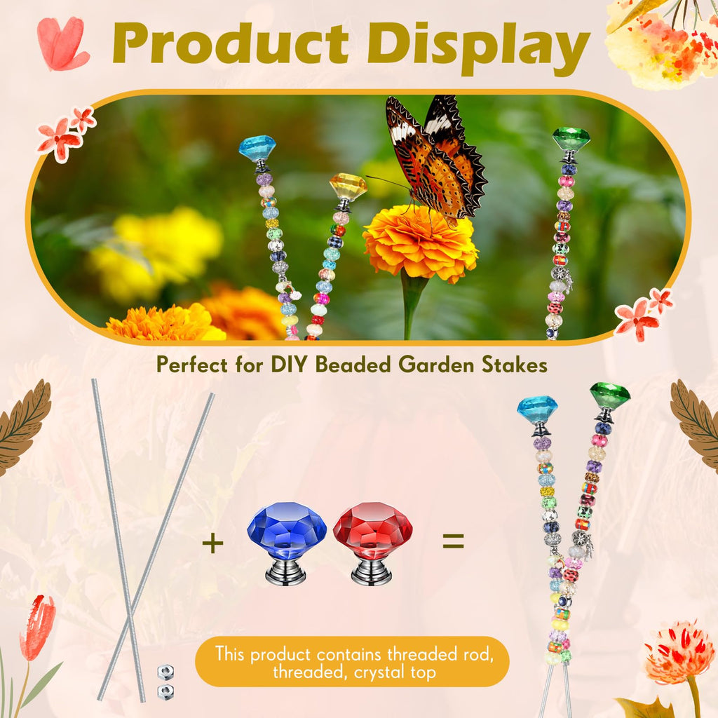 Pelopy Pack of 8 DIY Fairy Garden Beaded Stakes Wands Kit 8 Pcs of 8/32 Inch 12 Inch Threaded Rods and 8 Pcs Hex Nuts and 8 Tops, Stainless Steel Stakes with Toppers (Bright Color, Diamond)