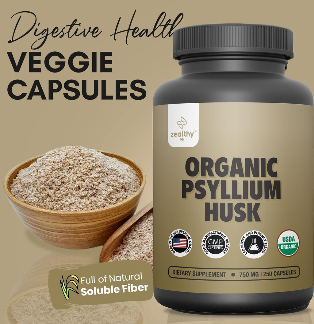 Organic Psyllium Husk Capsules 750 mg, Natural Fiber Supplement for Gut Health* - Alternative to Psyllium Husk Powder, Zealthy Life, 250 Capsules