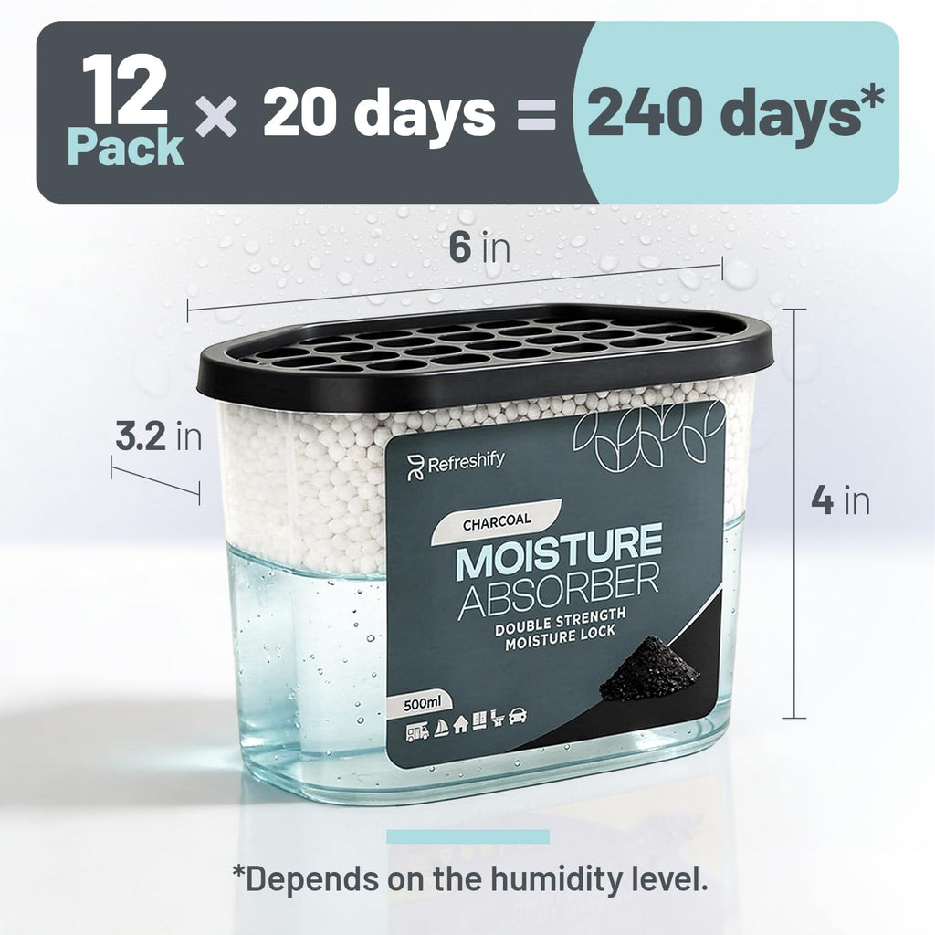 Premium Moisture Absorbers and Dehumidifier Tubs – High-Efficiency Closet Dehumidifier and Dehumidifier for Car, Odor Control Charcoal, 12 Pack, 7.5 Oz