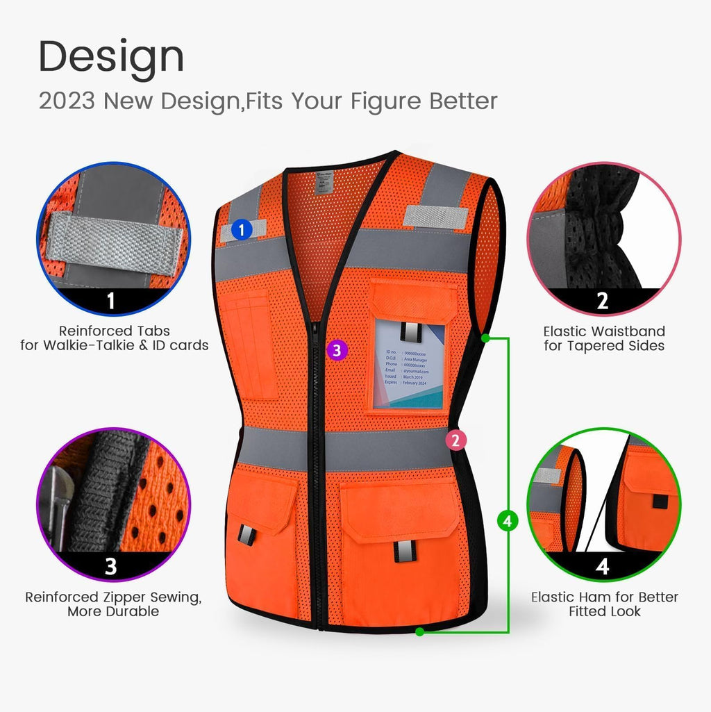Uno Mejor Womens Safety Vest with 11 Pockets Hi Vis Mesh Reflective Safety Vest for Women, Lady Neon Construction Work Vest with Zipper, Snug-Fit & Durable, ANSI Compliant, (U-Orange, L)