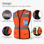 Uno Mejor Womens Safety Vest with 11 Pockets Hi Vis Mesh Reflective Safety Vest for Women, Lady Neon Construction Work Vest with Zipper, Snug-Fit & Durable, ANSI Compliant, (U-Orange, L)
