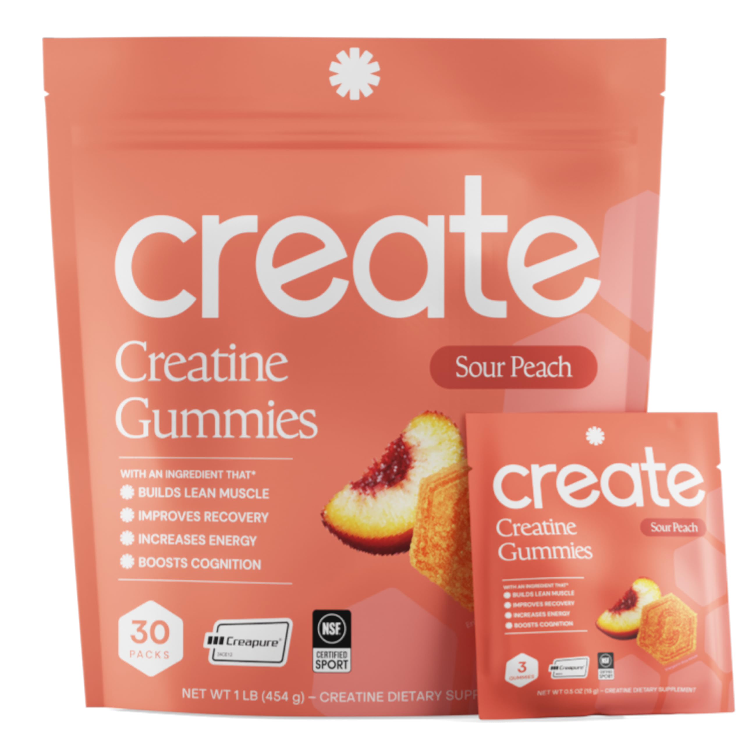 Create Creatine Gummies for Men & Women – NSF Certified, Made with Creapure Creatine Monohydrate, Great Tasting, Anti-Melting Formula, 30ct Standup Pouch, 90 Gummies (Sour Peach)