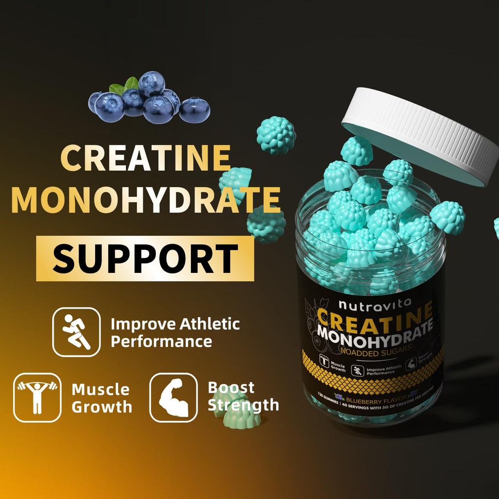 Nutravita NSF Certified Creatine Gummy - Creatine Monohydrate Gummies for Men & Women-5g of Creatine Monohydrate per Serving - Sugar Free,Vegan, Blueberry Flavor, 120 Count