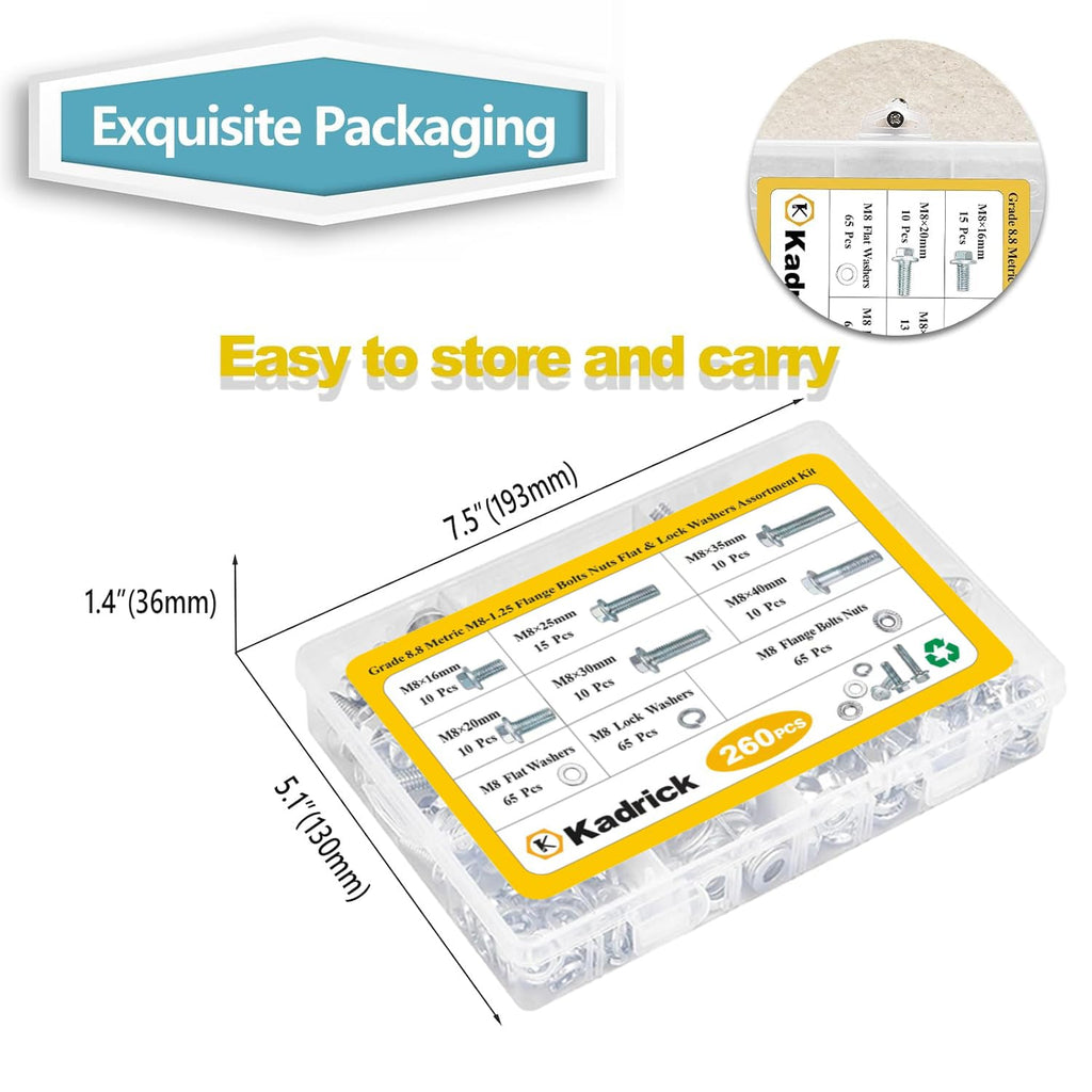 260Pcs Flange Hex Bolts and Nuts Kit,M8 x1.25 (M6 x1.0 M10-1.25 Available) (16mm to 40mm) Metric Bolt Assortment,Alloy Steel Class 8.8 Zinc Plated