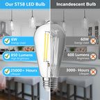 ASOMST 10-Pack Vintage Edison Bulbs 60W Equivalent, 850LM 6W LED Light Bulb Daylight White 5000K, ST58 Filament Lighting E26 Base, Non-Dimmable