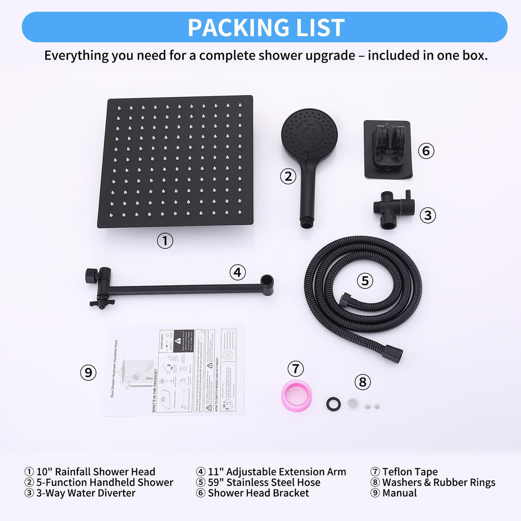 Peicuai Shower Head Combo, 10-Inch High-Pressure Rainfall Shower Head with 11-Inch Adjustable Extension Arm, 5-Setting Matte Black Handheld Shower with Long Hose, Powerful Spray for Low Water Pressure