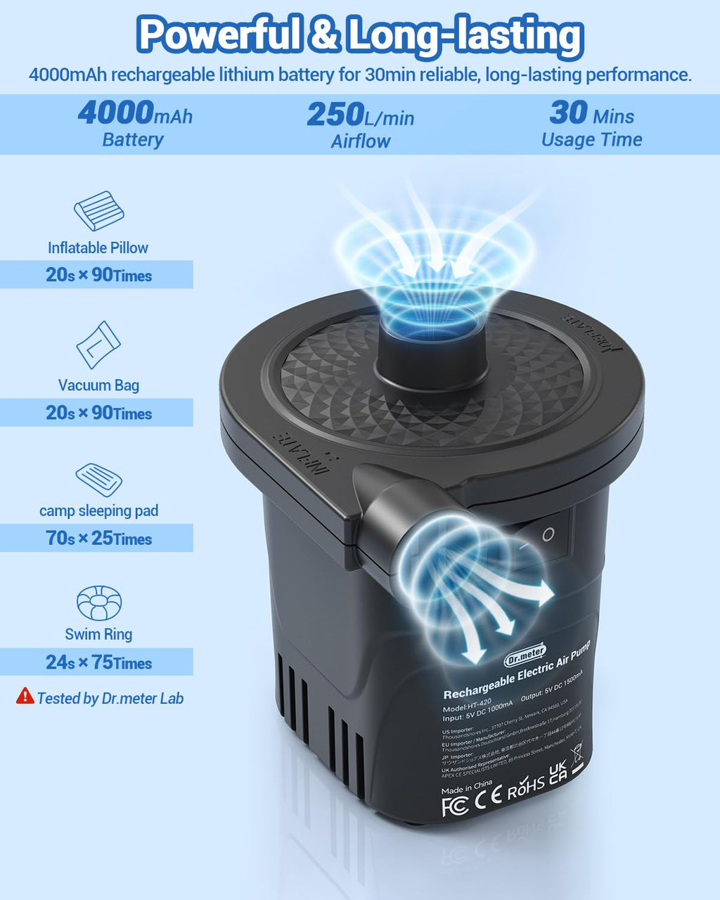Dr.meter Air Pump for Inflatables, Rechargeable 4000mAh Battery Air Mattress Pump - Portable Quick-Fill Inflator Deflator for Outdoor Camping Inflatable Pool Float Boat Raft Yoga Ball Swim Ring Airbed