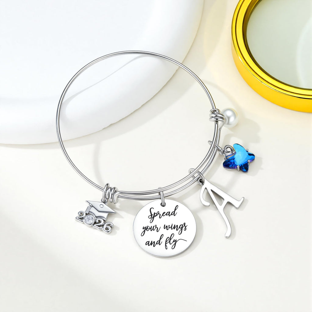 Turandoss Graduation Gifts Bracelets for Her 2026 - Engraved Inspirational Bangle with Graduation Grad Cap Mantra Quote Spread Your Wings and Fly Charm Silver Initial M Bracelets Gifts for Women Her