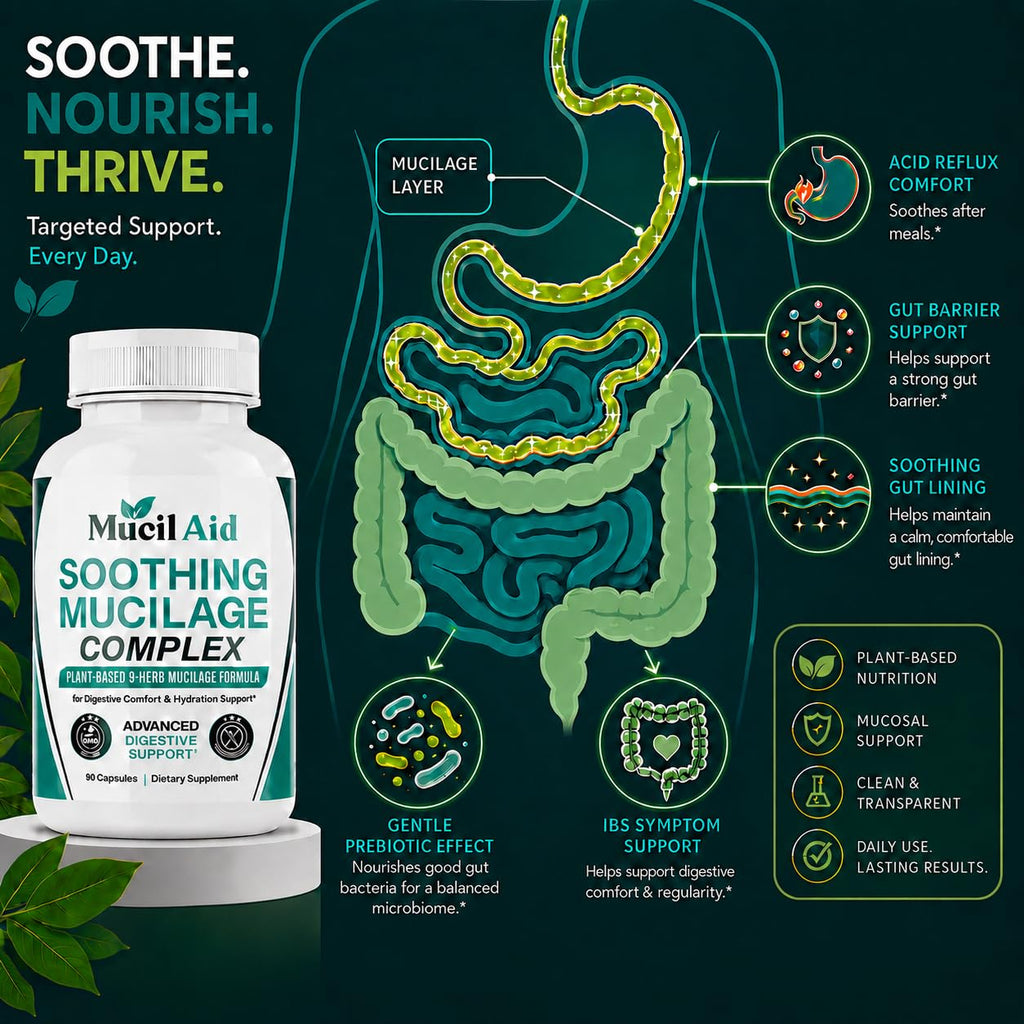 Mucil Aid Digestive Support Capsules 90 Count - Soothing Plant Mucilage Complex for GERD, Leaky Guts, Gentle Prebiotic, Mucosal Support, IBS - 2000mg with Slippery Elm & Marshmallow Root