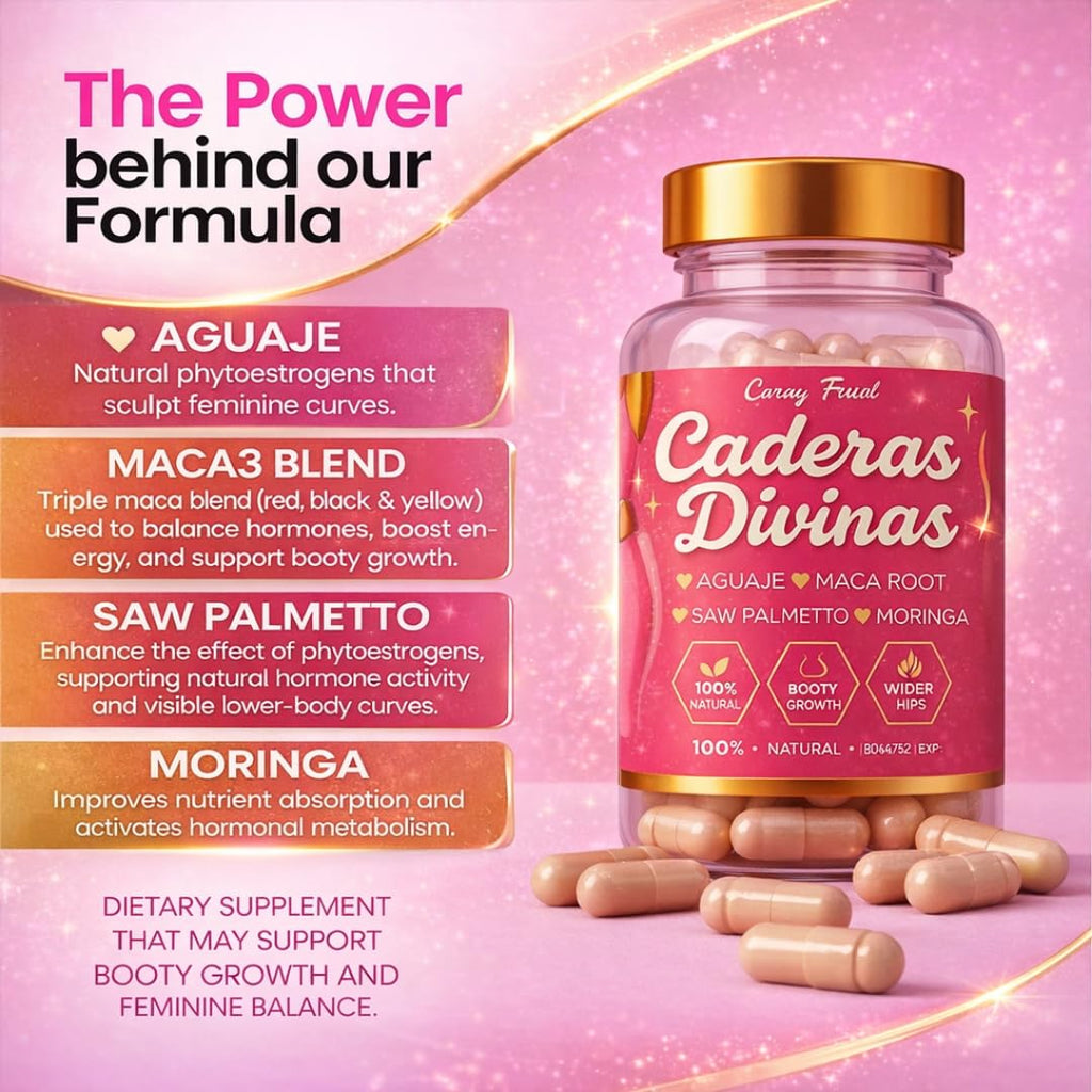 Caderas Divinas : Bigger Booty & Wider Hips – Aguaje + Maca Pills with Moringa & Saw Palmetto – 4 Super Ingredients for Natural Curve Growth – by CurvyFruit – 60 Capsules