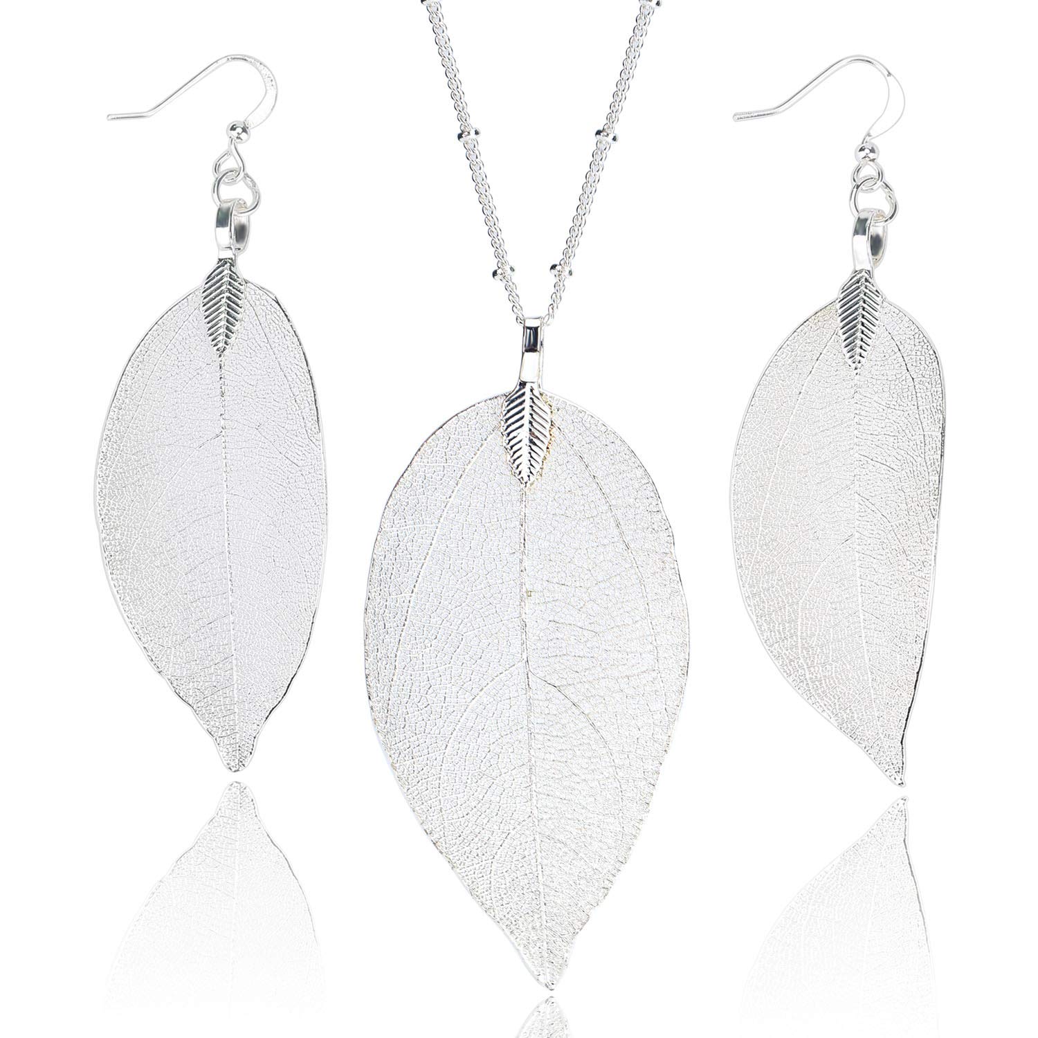 BOUTIQUELOVIN Silver Long Leaf Necklace and Earrings Set for Women Boho