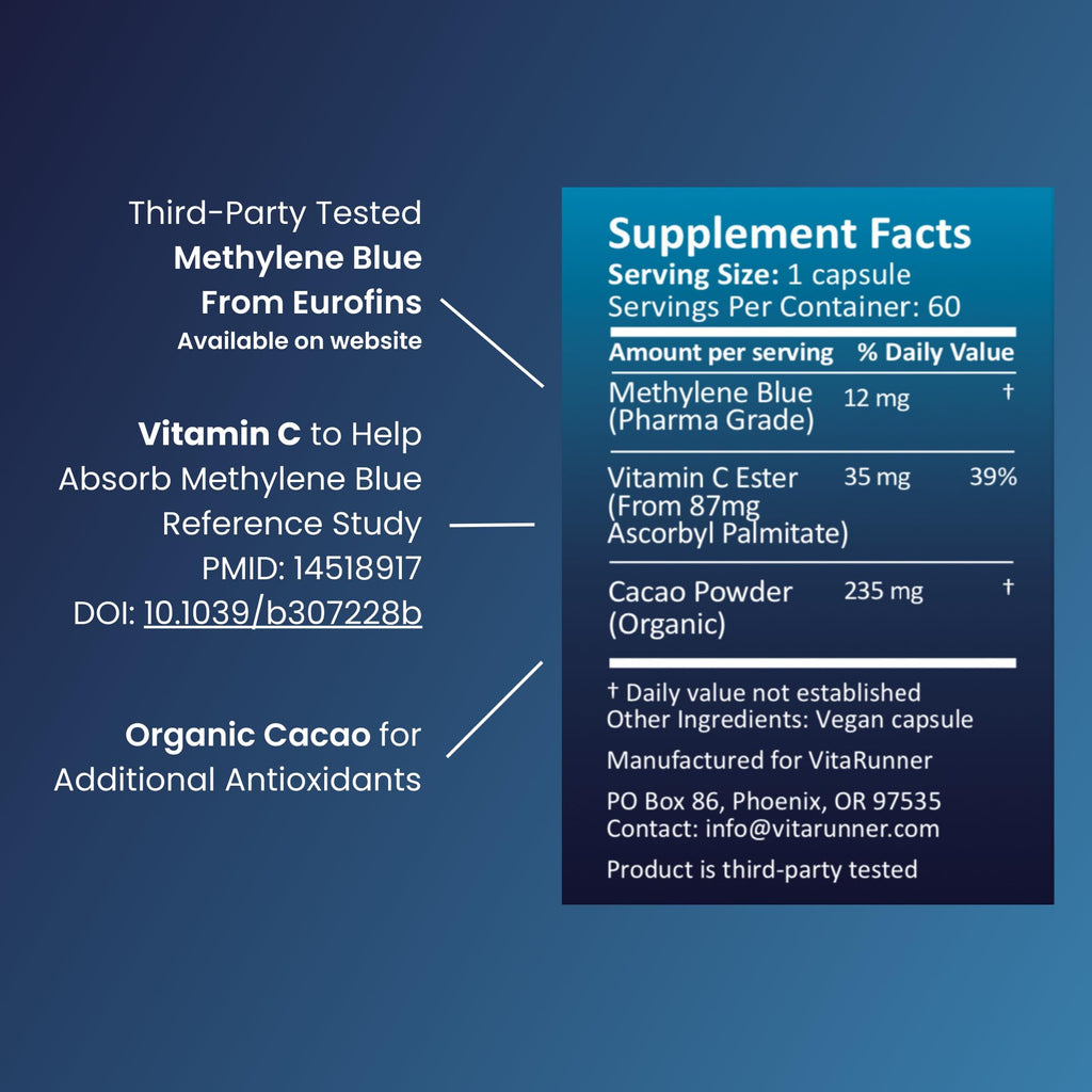 Nutricel Methylene Blue Capsules - Pharmaceutical Grade Supplement - Trusted Made in America Brand - 12mg (USP Reference Compliant) with Vitamin C Ester Enhanced Absorption - Third Party Tested (60ct)