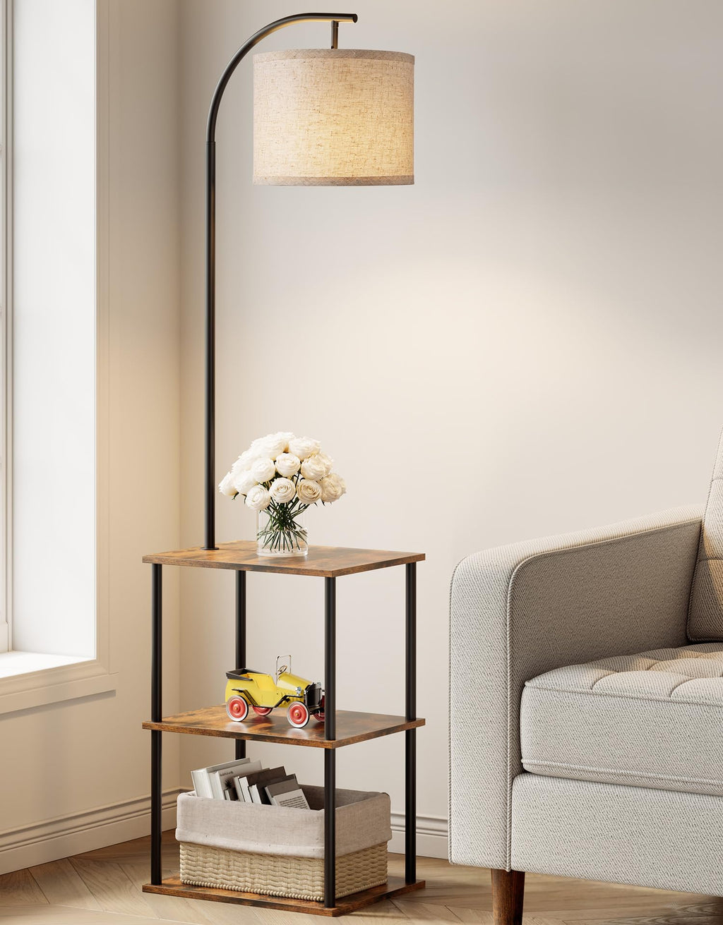 PARTPHONER Floor Lamp with Table, Night Stand with Lamp, Narrow Side Table with 3CCT LED Bulb, Small Coffee Table, Modern End Table with Storage Shelves for Living Room Bedroom Home Décor
