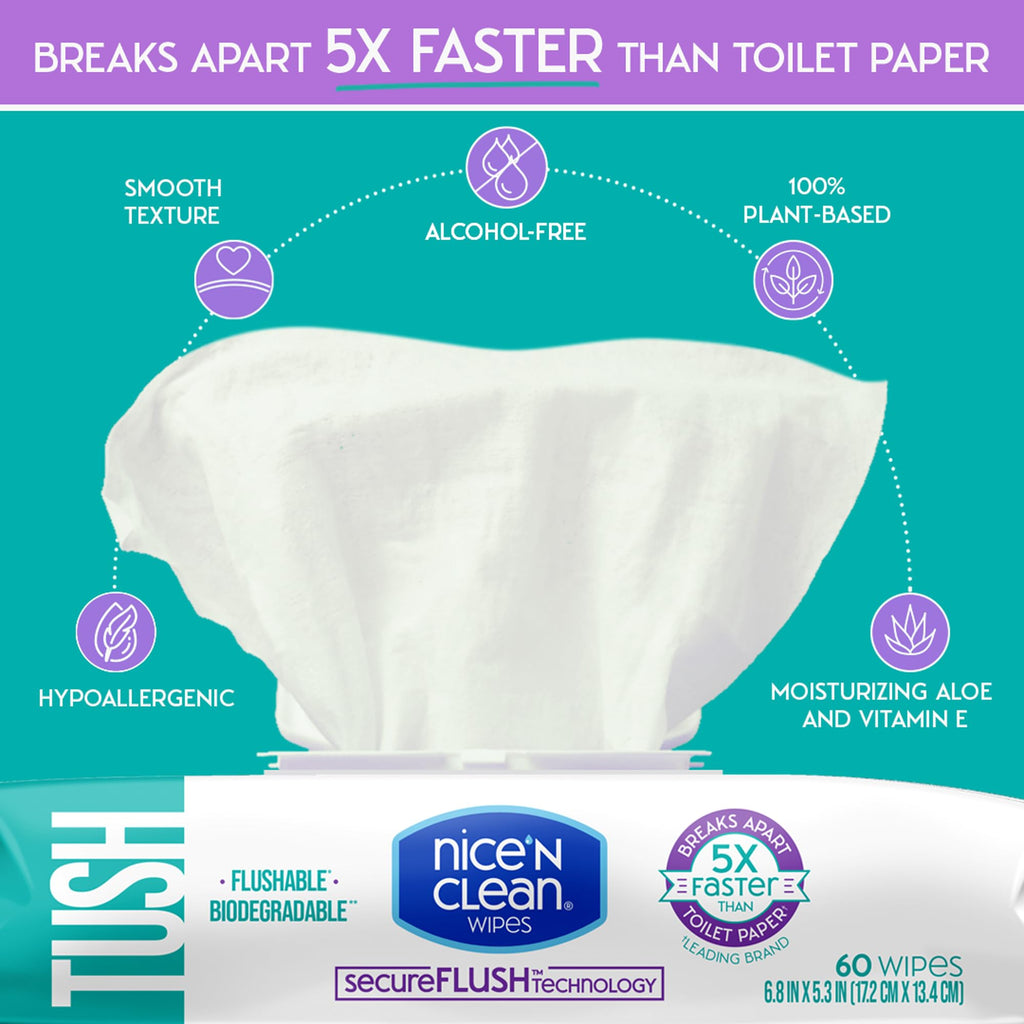 Nice 'N Clean SecureFLUSH Flushable Wet Wipes (42 Count - 6 Packs) | Moist Toilet Tissue with Moisturizing Aloe & Vitamin E | 0% Alcohol Formula for Sensitive Skin | Butt Wipes for Adults