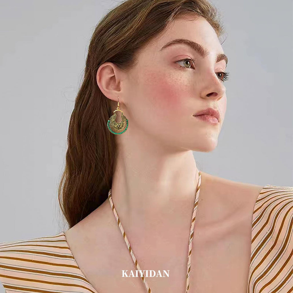 Boho Vintage Rope Handwoven Teardrop Dangle Earrings for Women Dangling,Handmade Bronze Carving Green Braided Handcrafted Drop Summer Ethnic Thread Filigree Statement Earings, Indian Long Earrings,fashion Accessories Dainty Jewelry Gifts.