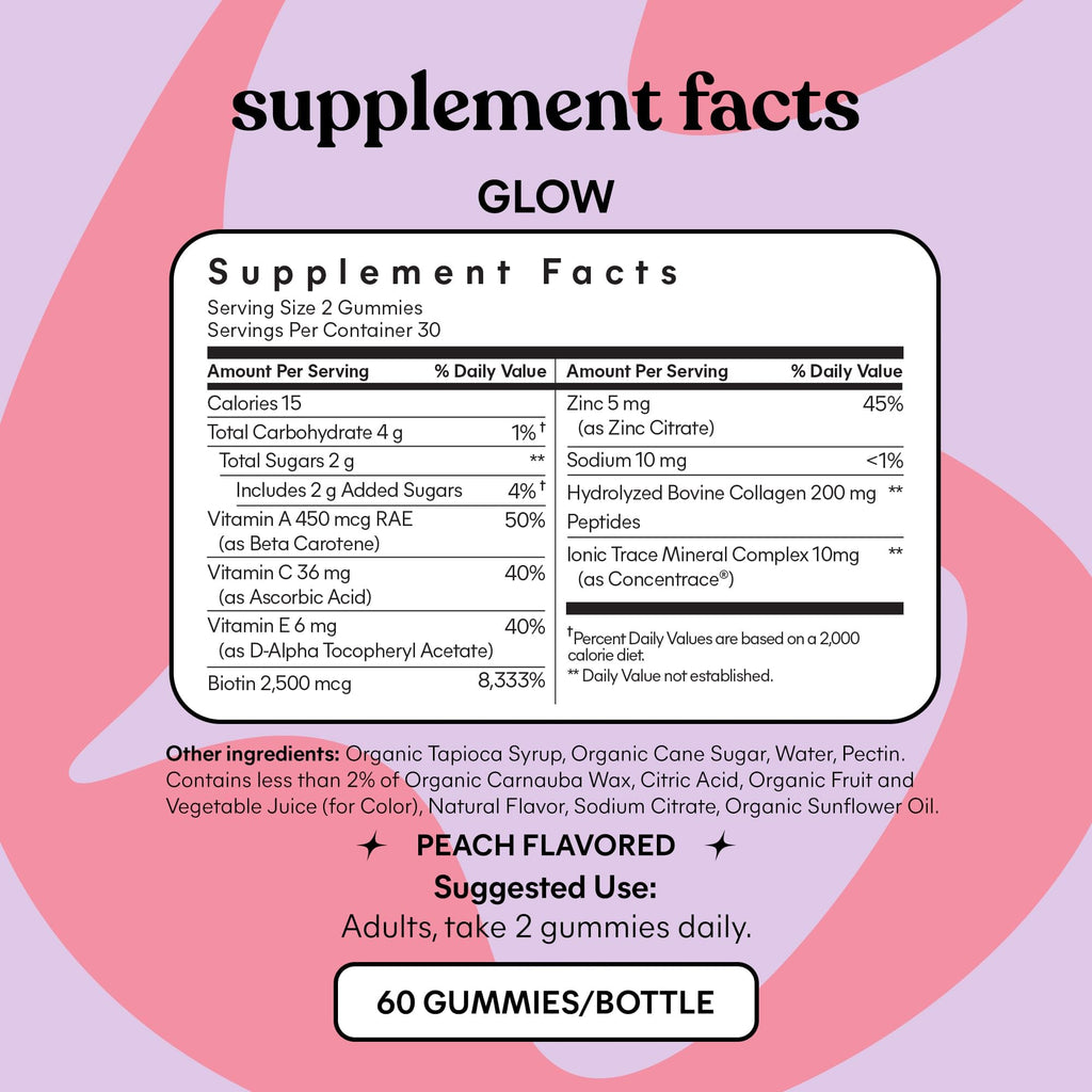 Lemme Glow Collagen Gummies for Thick Hair, Strong Nails & Healthy Skin with Multi-Collagen Peptides, Biotin, Trace Minerals, Zinc, Vitamins A, C & E, Dairy & Gluten Free, Peach Flavor, 60 ct.