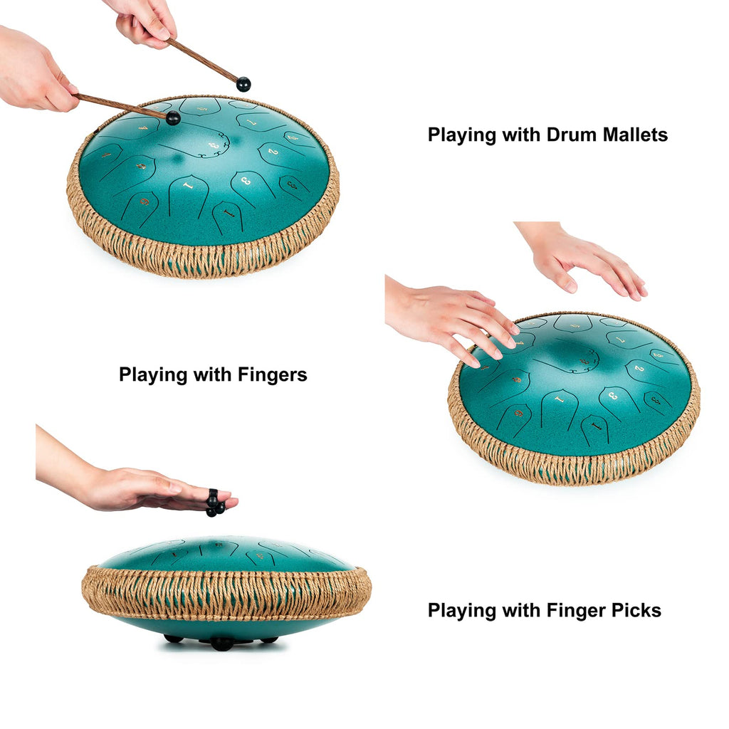 Steel Tongue Drum - HOPWELL 15 Note 14 Inch - Percussion Instrument - Hand Pan Drums with Music Book, Drum Mallets and Carry Bag, D Major, Malachite Green