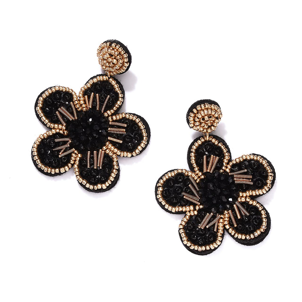Beaded Drop Earrings Statement Colorful Beaded Flower Earrings Handmade Bohemia Tropical Beadwork Dangle Earrings For Woman (black)
