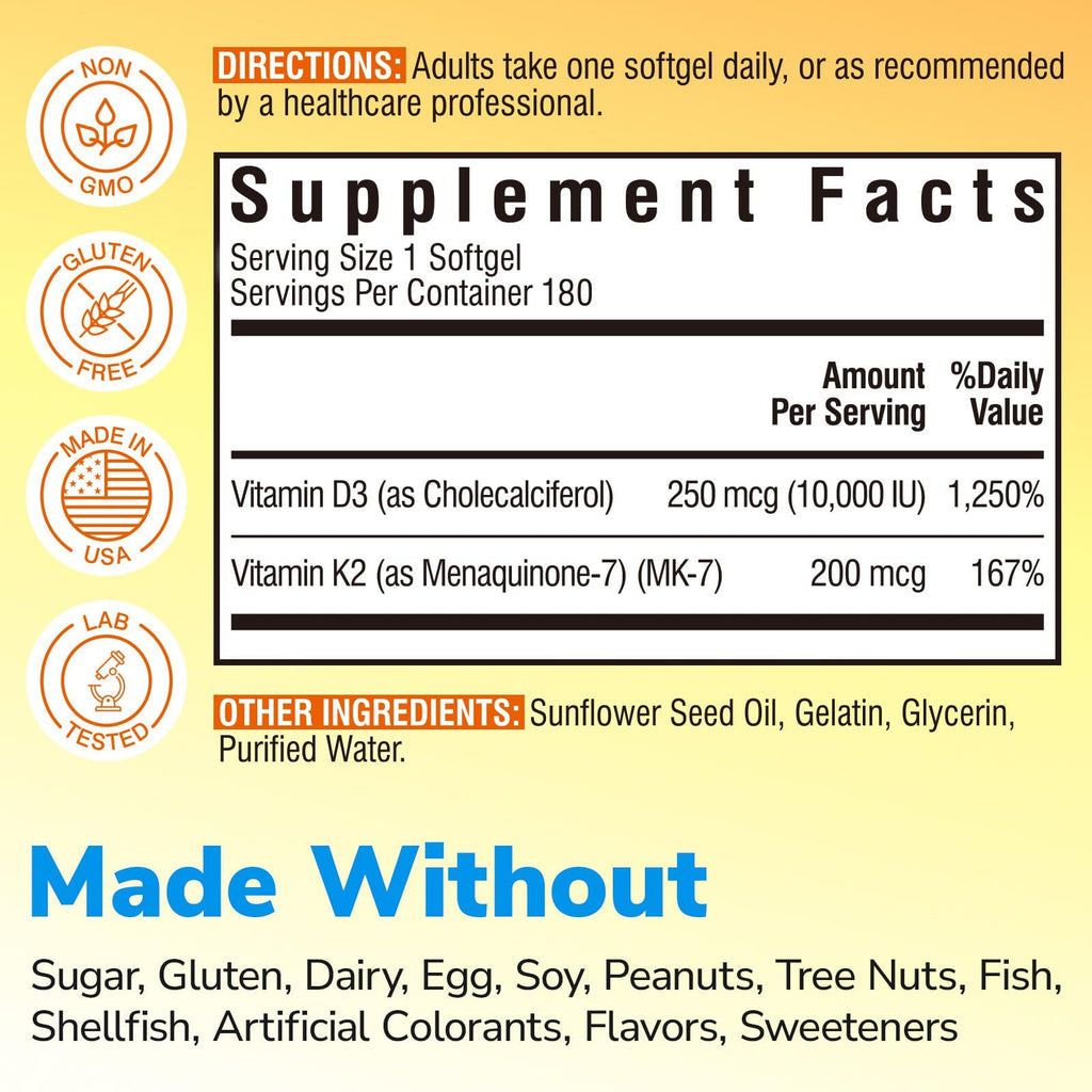 Vitalibre Vitamin D3 K2 Supplement, 10000 IU D3 / 200 mcg K2 MK7, Calcium Absorption, Bone, Heart, Immune & Mood Support, Enhanced Absorption, No Soy, Easy to Swallow, 180 Softgels