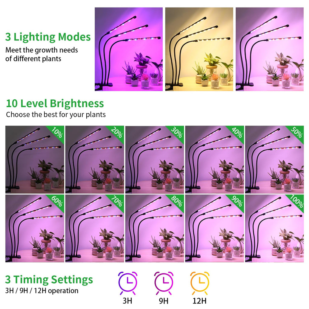 LED Plant Grow Light, Suitable for Indoor Plants, Full Spectrum Clip on Plant Growing Light with Red, Blue, Yellow Beads, 10 Brightness Levels, 3 Light Modes, 3/9/12H Auto Timer, 3 Head
